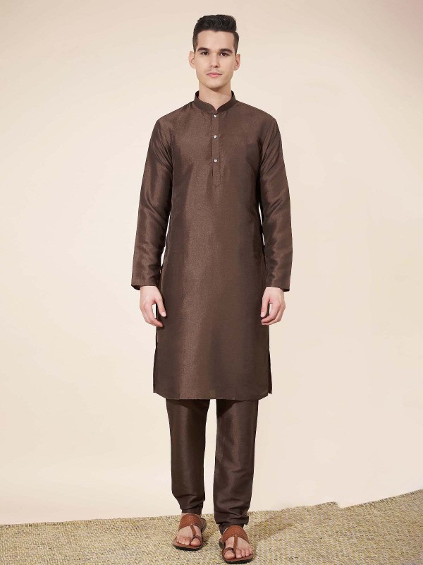 Dark Brown Pure Silk Readymade Kurta Pajama